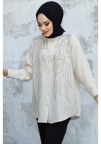 Boncuk Işlemeli Taş Tesettür Gömlek 45280TAS
