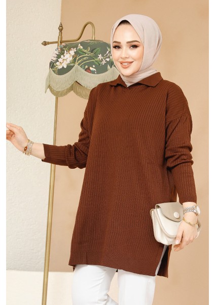Fitilli Kahverengi Tesettür Triko Tunik 65903KH