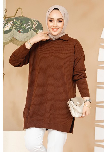 Fitilli Kahverengi Tesettür Triko Tunik 65903KH fiyatları