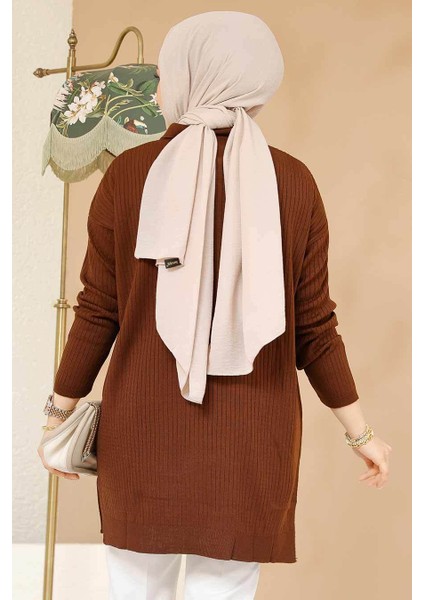 Fitilli Kahverengi Tesettür Triko Tunik 65903KH modelleri