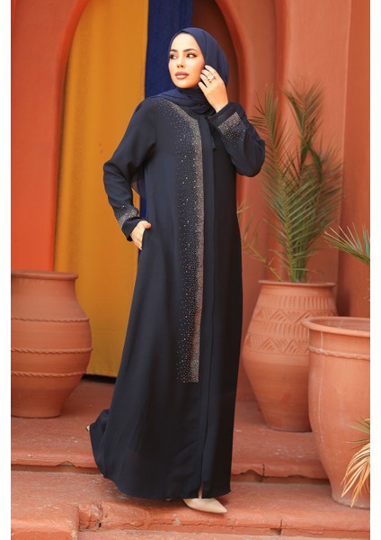 Boncuk Detaylı Lacivert Tesettür Abaya 26331L