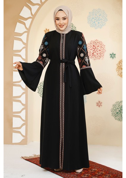 Desenli Siyah Tesettür Abaya 90311S