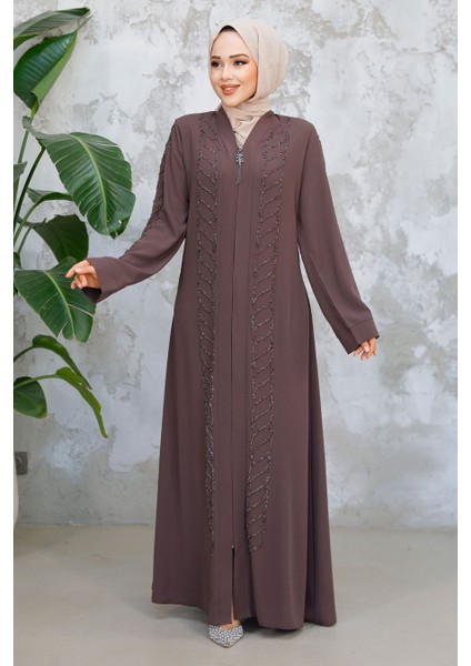 Boncuk Işlemeli Kahverengi Tesettür Ferace 29122KH
