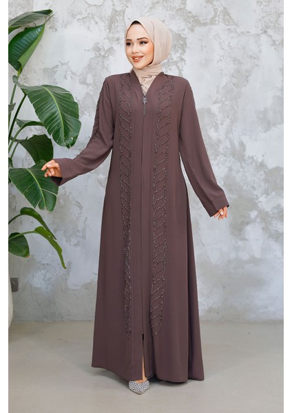 Boncuk Işlemeli Kahverengi Tesettür Ferace 29122KH fiyatları