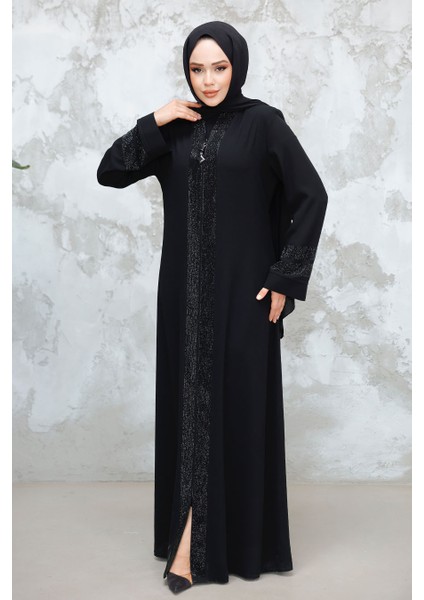 Desenli Şeritli Siyah Tesettür Abaya 18004S