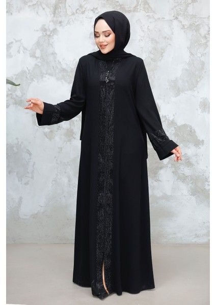 Desenli Şeritli Siyah Tesettür Abaya 18004S