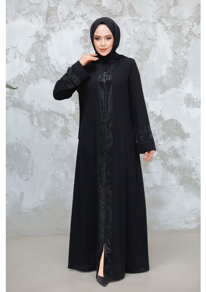 Desenli Şeritli Siyah Tesettür Abaya 18004S