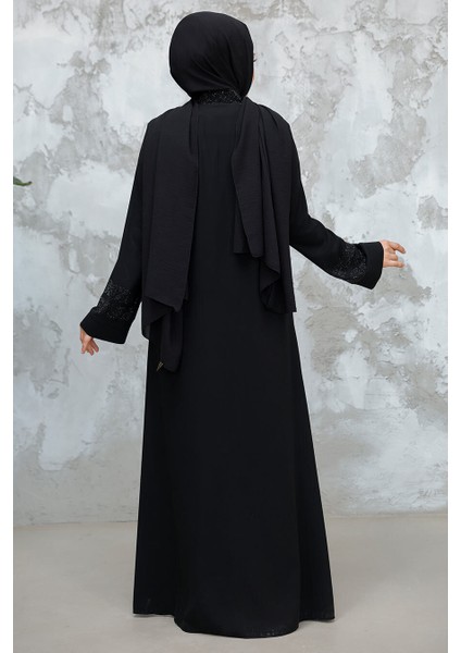 Desenli Şeritli Siyah Tesettür Abaya 18004S