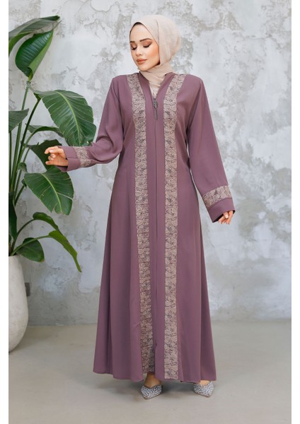 Desen Detaylı Gül Kurusu Tesettür Ferace 29112GK