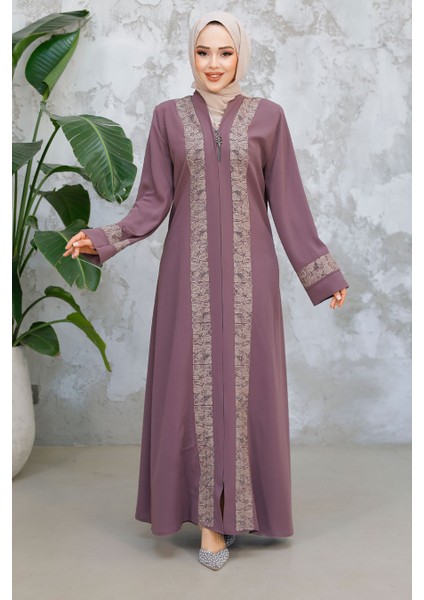 Desen Detaylı Gül Kurusu Tesettür Ferace 29112GK modelleri