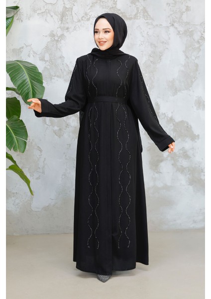 Boncuk Işlemeli Siyah Tesettür Abaya 29117S