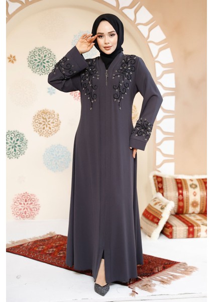 Boncuk Işlemeli Füme Tesettür Abaya 29107FU