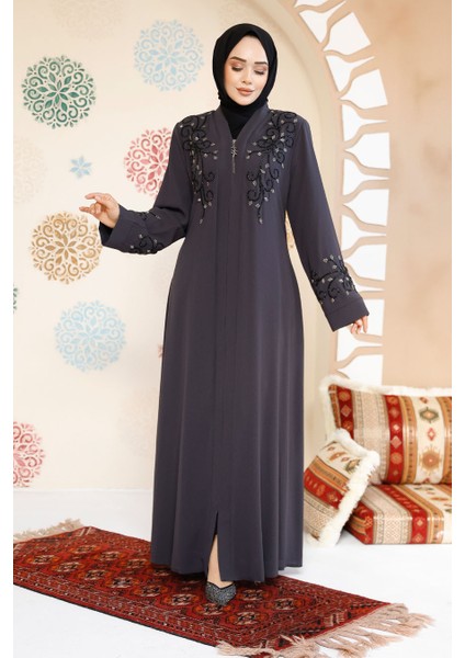 Boncuk Işlemeli Füme Tesettür Abaya 29107FU fiyatları