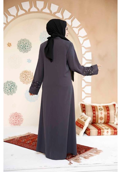 Boncuk Işlemeli Füme Tesettür Abaya 29107FU fırsatları
