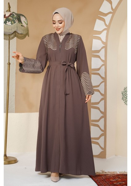 Boncuk Işlemeli Kahverengi Tesettür Abaya 29105KH