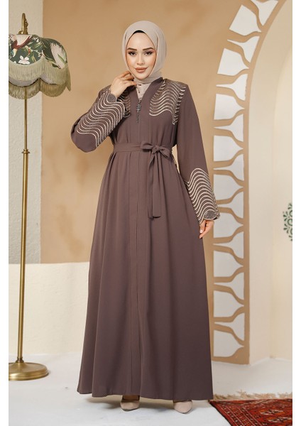 Boncuk Işlemeli Kahverengi Tesettür Abaya 29105KH