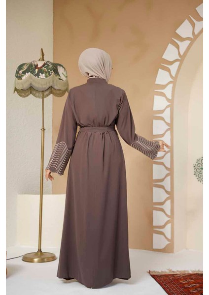 Boncuk Işlemeli Kahverengi Tesettür Abaya 29105KH