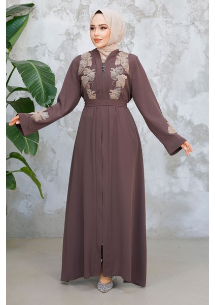 Nakış Işlemeli Kahverengi Tesettür Ferace 29124KH