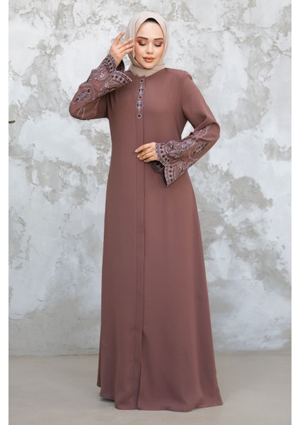 Nakış Desenli Gül Kurusu Tesettür Abaya 98221GK