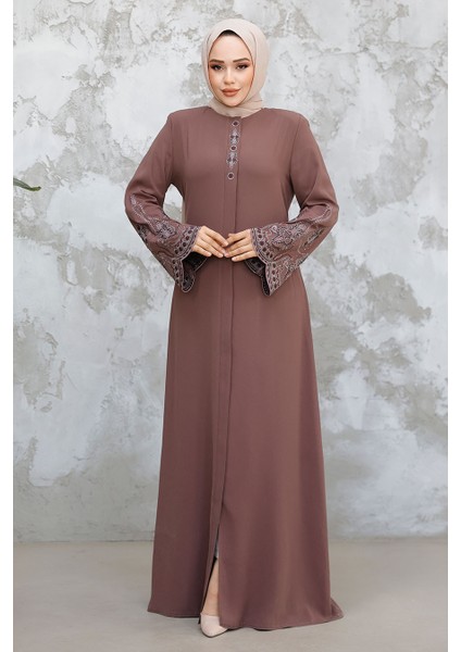 Nakış Desenli Gül Kurusu Tesettür Abaya 98221GK