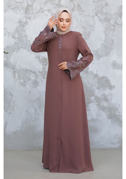 Nakış Desenli Gül Kurusu Tesettür Abaya 98221GK