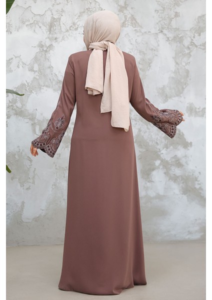 Nakış Desenli Gül Kurusu Tesettür Abaya 98221GK