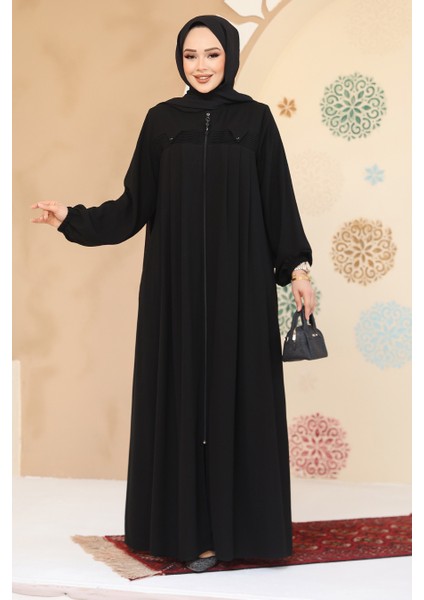 Fermuarlı Siyah Tesettür Abaya 45295S