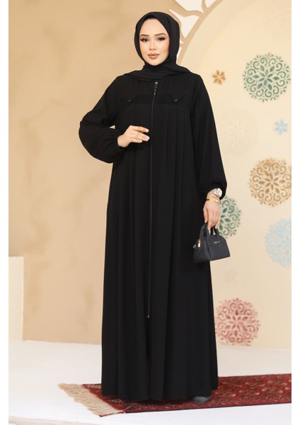 Fermuarlı Siyah Tesettür Abaya 45295S