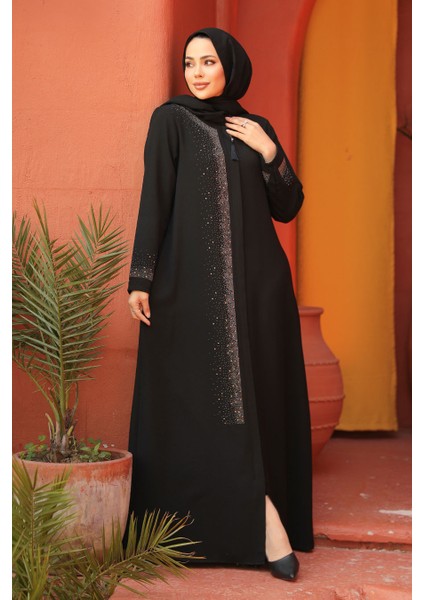 Boncuk Detaylı Siyah Tesettür Abaya 26331S