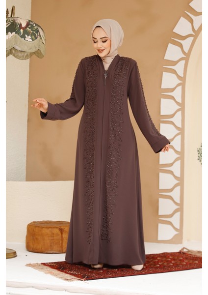 Boncuk Işlemeli Kahverengi Tesettür Ferace 29127KH