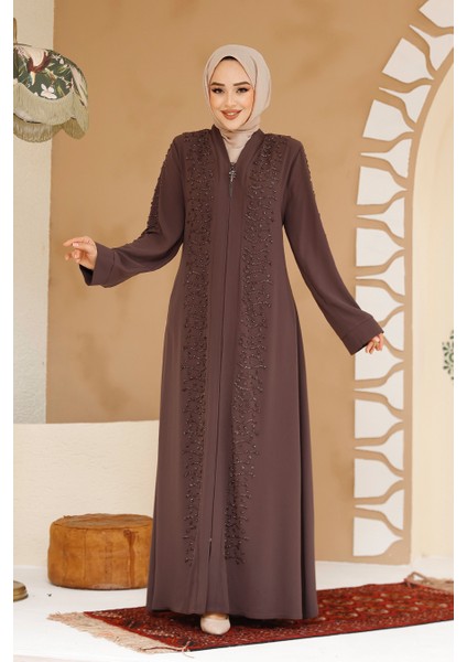 Boncuk Işlemeli Kahverengi Tesettür Ferace 29127KH fiyatları