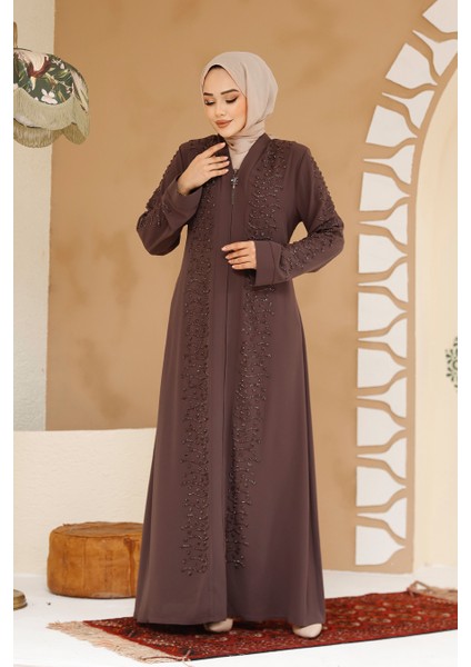 Boncuk Işlemeli Kahverengi Tesettür Ferace 29127KH modelleri