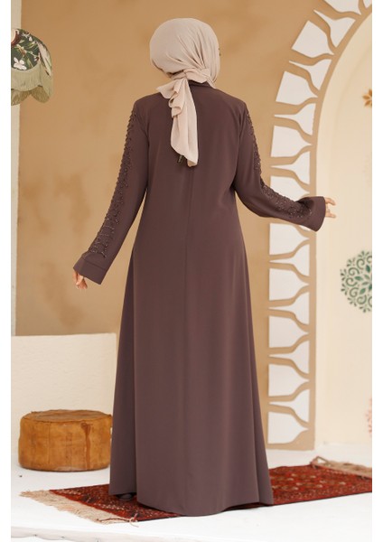 Boncuk Işlemeli Kahverengi Tesettür Ferace 29127KH fırsatları