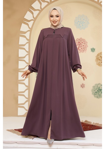 Fermuarlı Gül Kurusu Tesettür Abaya 45295GK