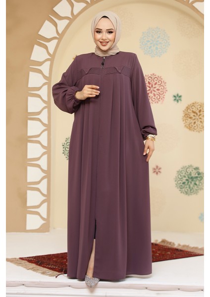 Fermuarlı Gül Kurusu Tesettür Abaya 45295GK