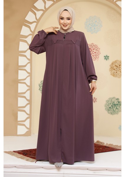 Fermuarlı Gül Kurusu Tesettür Abaya 45295GK