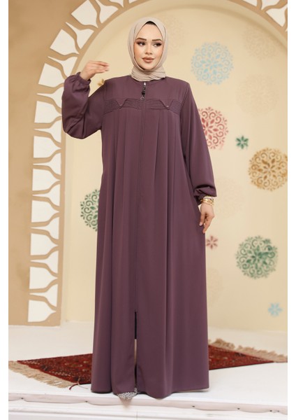 Fermuarlı Gül Kurusu Tesettür Abaya 45295GK