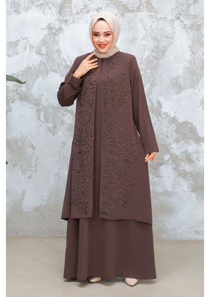 Boncuk Işlemeli Koyu Vizon Tesettür Abaya 29121KV