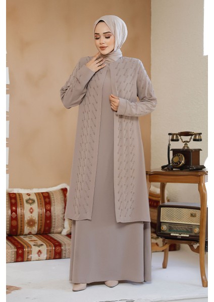 Boncuk Işlemeli Bej Tesettür Abaya 29120BEJ