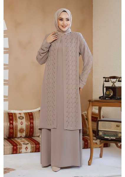 Boncuk Işlemeli Bej Tesettür Abaya 29120BEJ