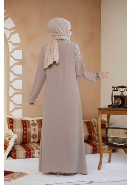 Boncuk Işlemeli Bej Tesettür Abaya 29120BEJ