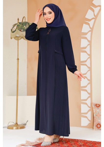 Pile Detaylı Lacivert Tesettür Ferace 45289L