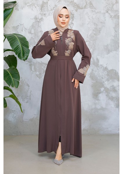 Nakış Işlemeli Kahverengi Tesettür Ferace 29124KH modelleri