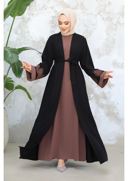Nakış Desenli Siyah Koyu Vizon Tesettür Abaya Takım 29128SKV