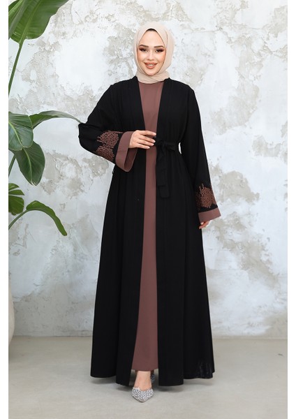 Nakış Desenli Siyah Koyu Vizon Tesettür Abaya Takım 29128SKV fiyatları