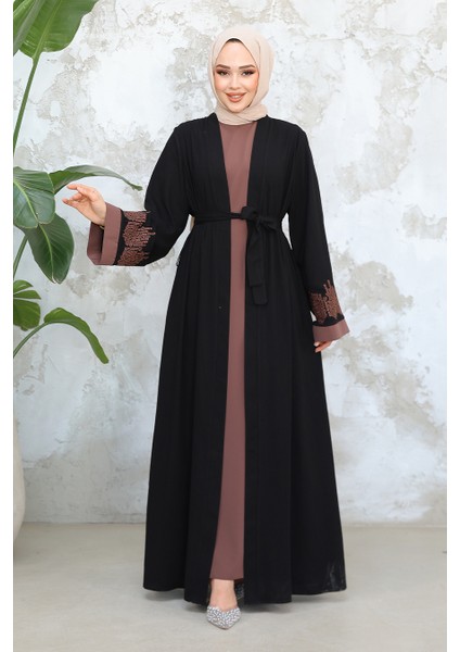 Nakış Desenli Siyah Koyu Vizon Tesettür Abaya Takım 29128SKV modelleri