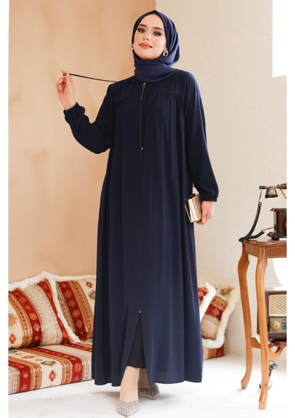 Fermuarlı Lacivert Tesettür Ferace 45290L