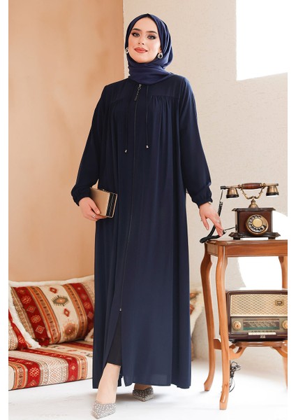Fermuarlı Lacivert Tesettür Ferace 45290L