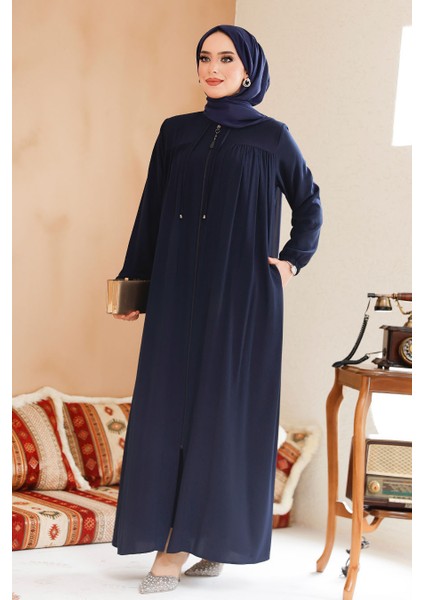 Fermuarlı Lacivert Tesettür Ferace 45290L