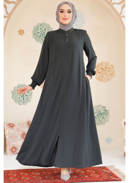 Fermuarlı Haki Tesettür Ferace 45294HK